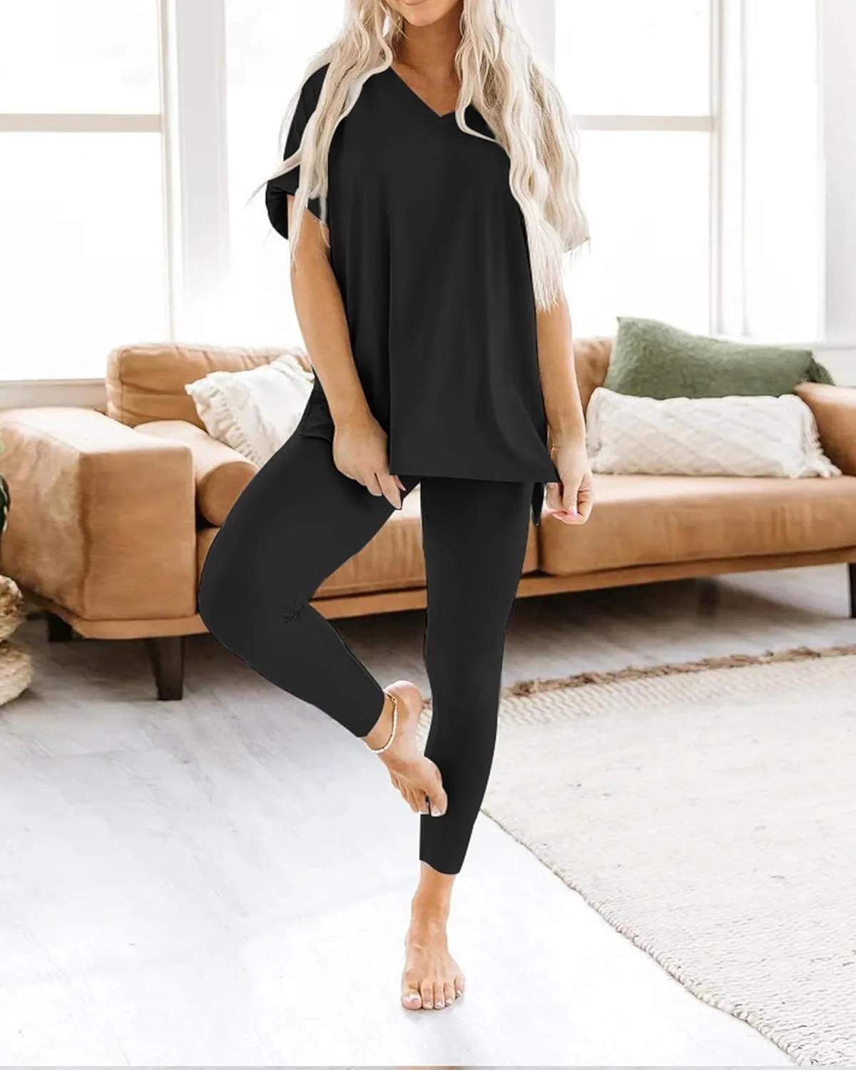 Women's 2 Piece Outfits Fall Casual Short Sleeve Tunic Tops Legging Pants Tracksuit Lounge Set Sweatsuits S-2XL