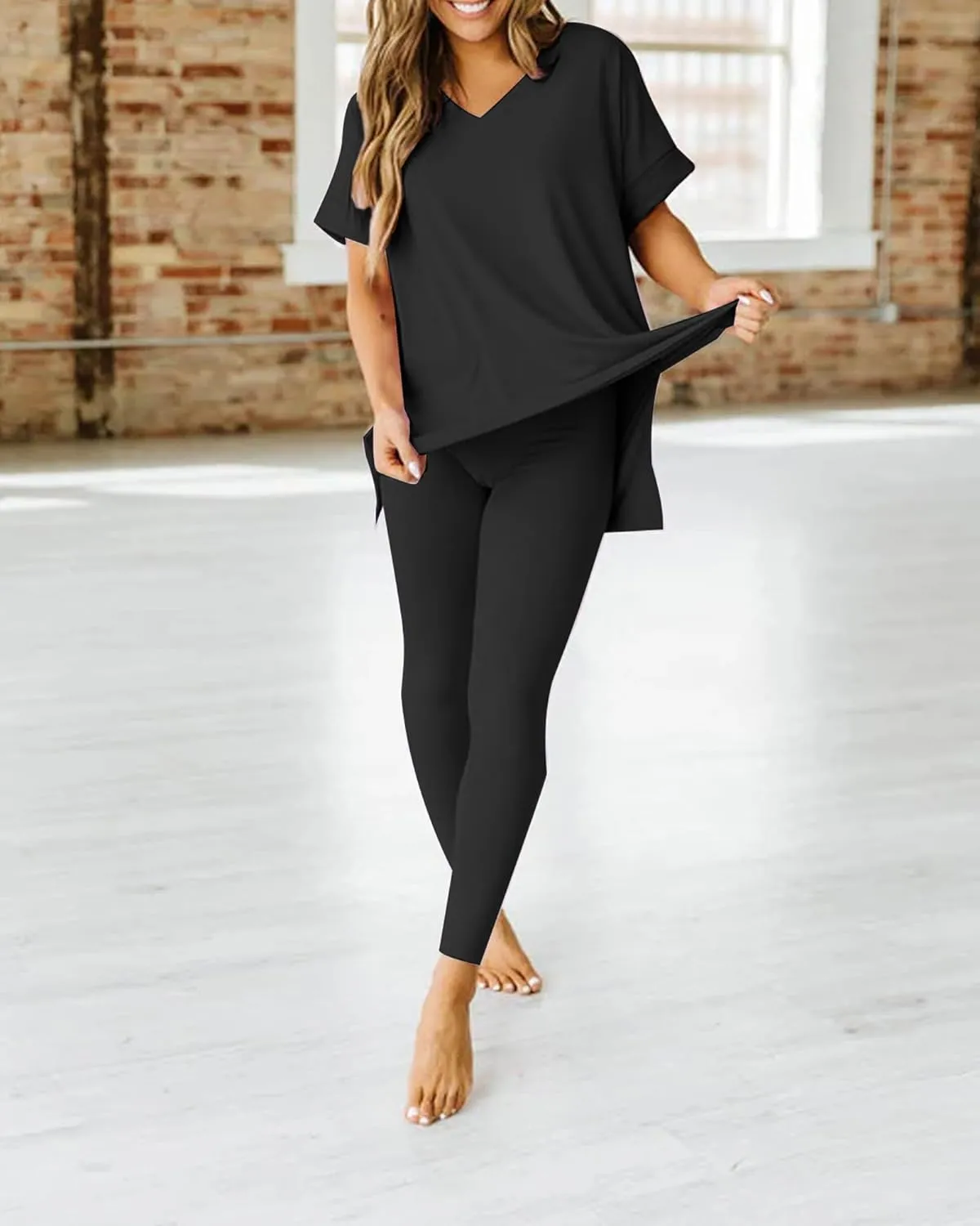 Women's 2 Piece Outfits Fall Casual Short Sleeve Tunic Tops Legging Pants Tracksuit Lounge Set Sweatsuits S-2XL