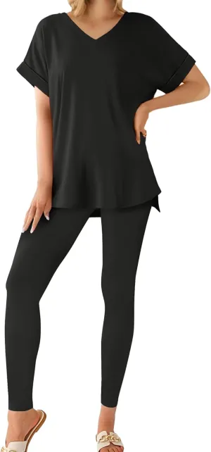 Women's 2 Piece Outfits Fall Casual Short Sleeve Tunic Tops Legging Pants Tracksuit Lounge Set Sweatsuits S-2XL
