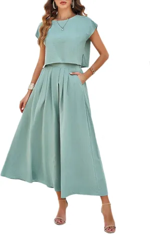 Women's 2 Piece Summer Outfits Dressy Casual Short Sleeve Crewneck Top High Waisted Pleated Flowy Midi Skirt Sets