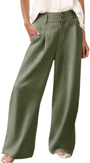 Women's Casual Pants High Waist Front Button Wide Leg Trousers Loose Fit Cool Comfy Summer Palazzo Pants with Pockets