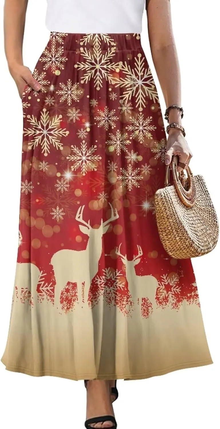 Women's High Waist A-Line Skirt Polyester Maxi Skirt with Pockets for Walking Vacation Travel