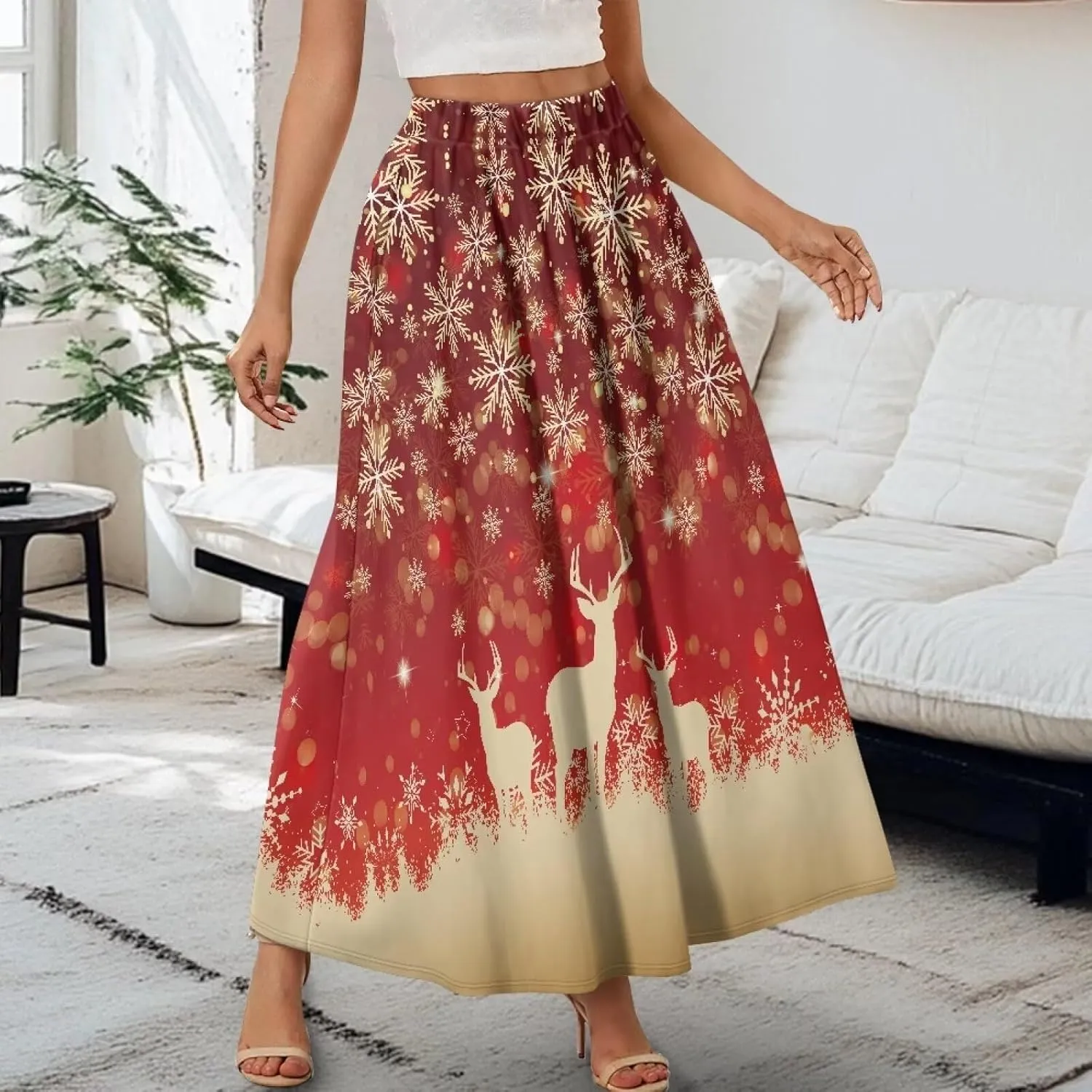 Women's High Waist A-Line Skirt Polyester Maxi Skirt with Pockets for Walking Vacation Travel