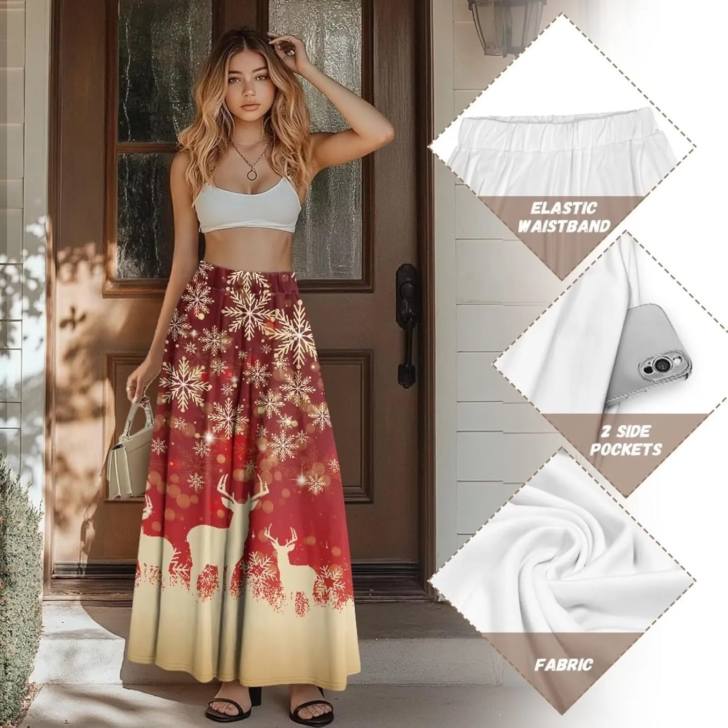 Women's High Waist A-Line Skirt Polyester Maxi Skirt with Pockets for Walking Vacation Travel
