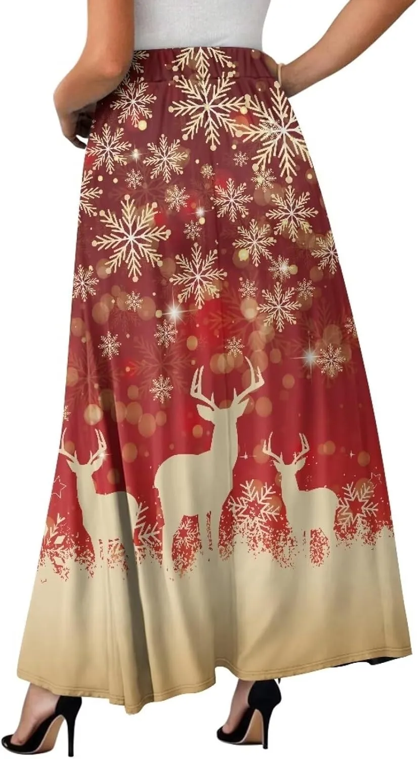 Women's High Waist A-Line Skirt Polyester Maxi Skirt with Pockets for Walking Vacation Travel