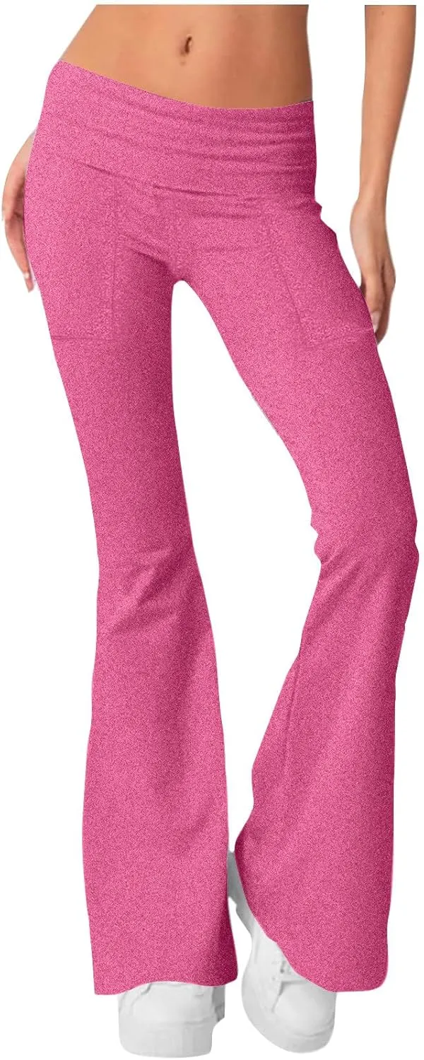 Women's High Waist Yoga Pants Casual Flared Trousers Solid Elastic Waist Pocket Pants Slim Fit Stretchy Stylish Pants