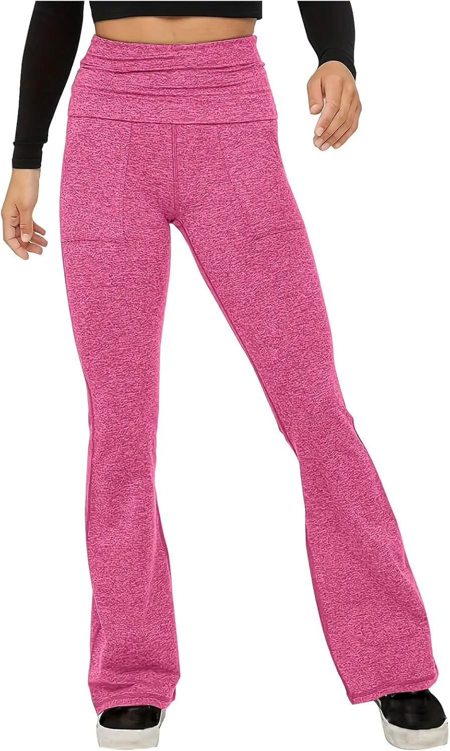Women's High Waist Yoga Pants Casual Flared Trousers Solid Elastic Waist Pocket Pants Slim Fit Stretchy Stylish Pants