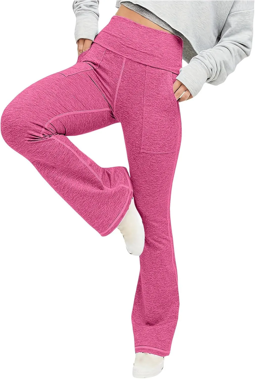 Women's High Waist Yoga Pants Casual Flared Trousers Solid Elastic Waist Pocket Pants Slim Fit Stretchy Stylish Pants