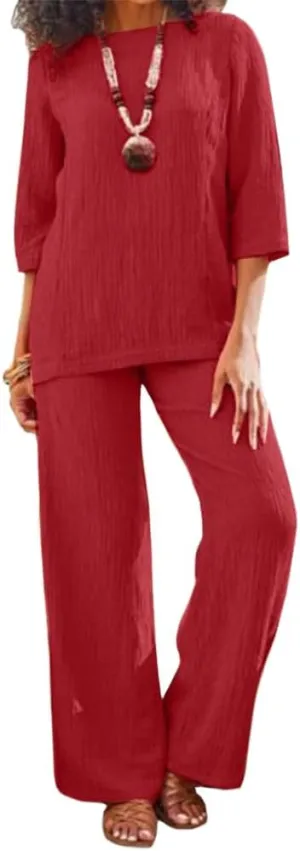 Womens Linen 2 Piece Pants Suits Dressy Cotton Solid Color 3/4 Sleeve Tops and Wide Leg Pant Suits