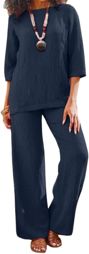 Womens Linen 2 Piece Pants Suits Dressy Cotton Solid Color 3/4 Sleeve Tops and Wide Leg Pant Suits