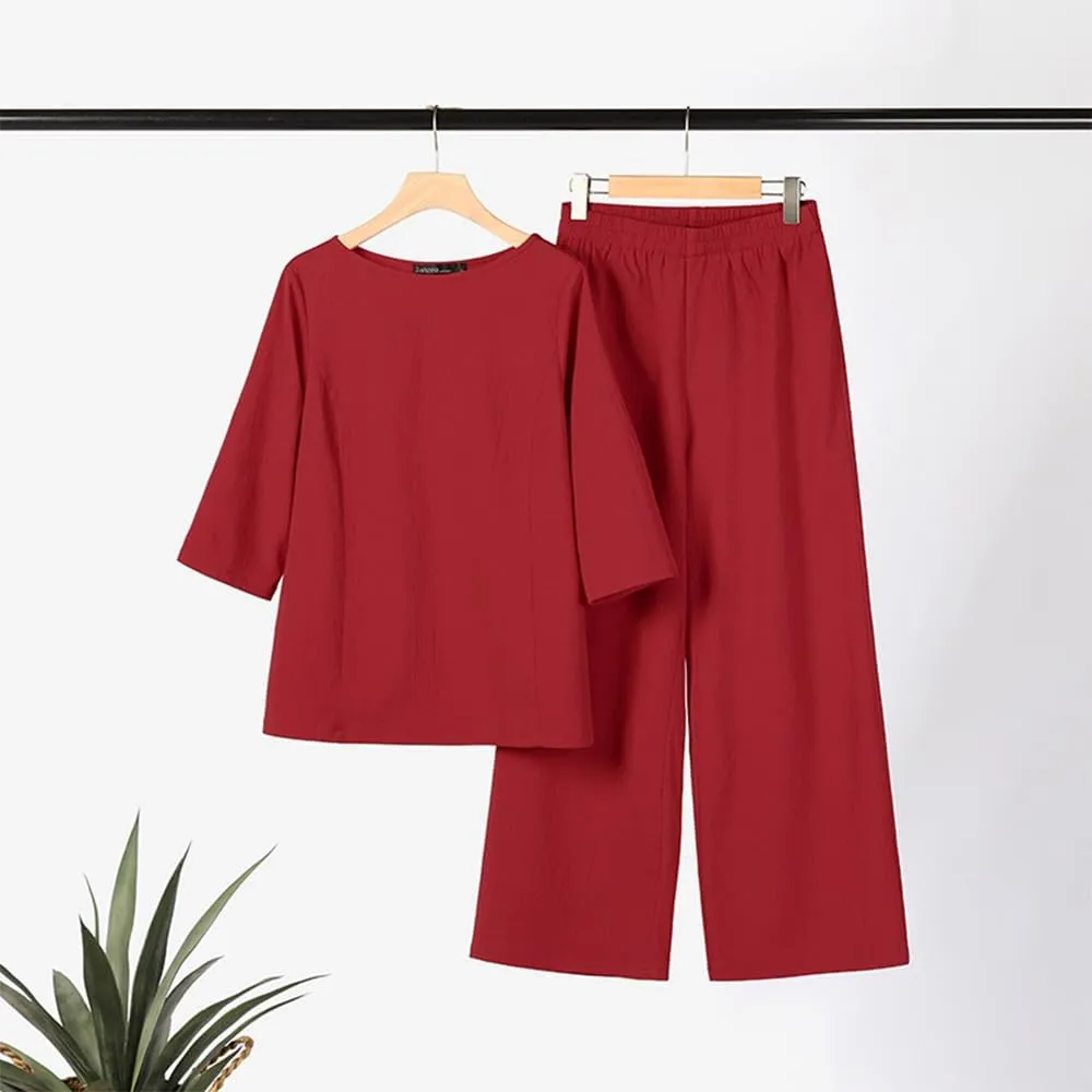 Womens Linen 2 Piece Pants Suits Dressy Cotton Solid Color 3/4 Sleeve Tops and Wide Leg Pant Suits