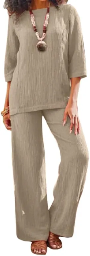 Womens Linen 2 Piece Pants Suits Dressy Cotton Solid Color 3/4 Sleeve Tops and Wide Leg Pant Suits