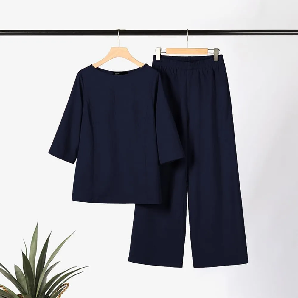 Womens Linen 2 Piece Pants Suits Dressy Cotton Solid Color 3/4 Sleeve Tops and Wide Leg Pant Suits