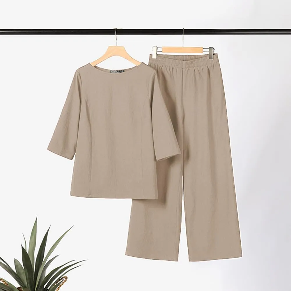 Womens Linen 2 Piece Pants Suits Dressy Cotton Solid Color 3/4 Sleeve Tops and Wide Leg Pant Suits