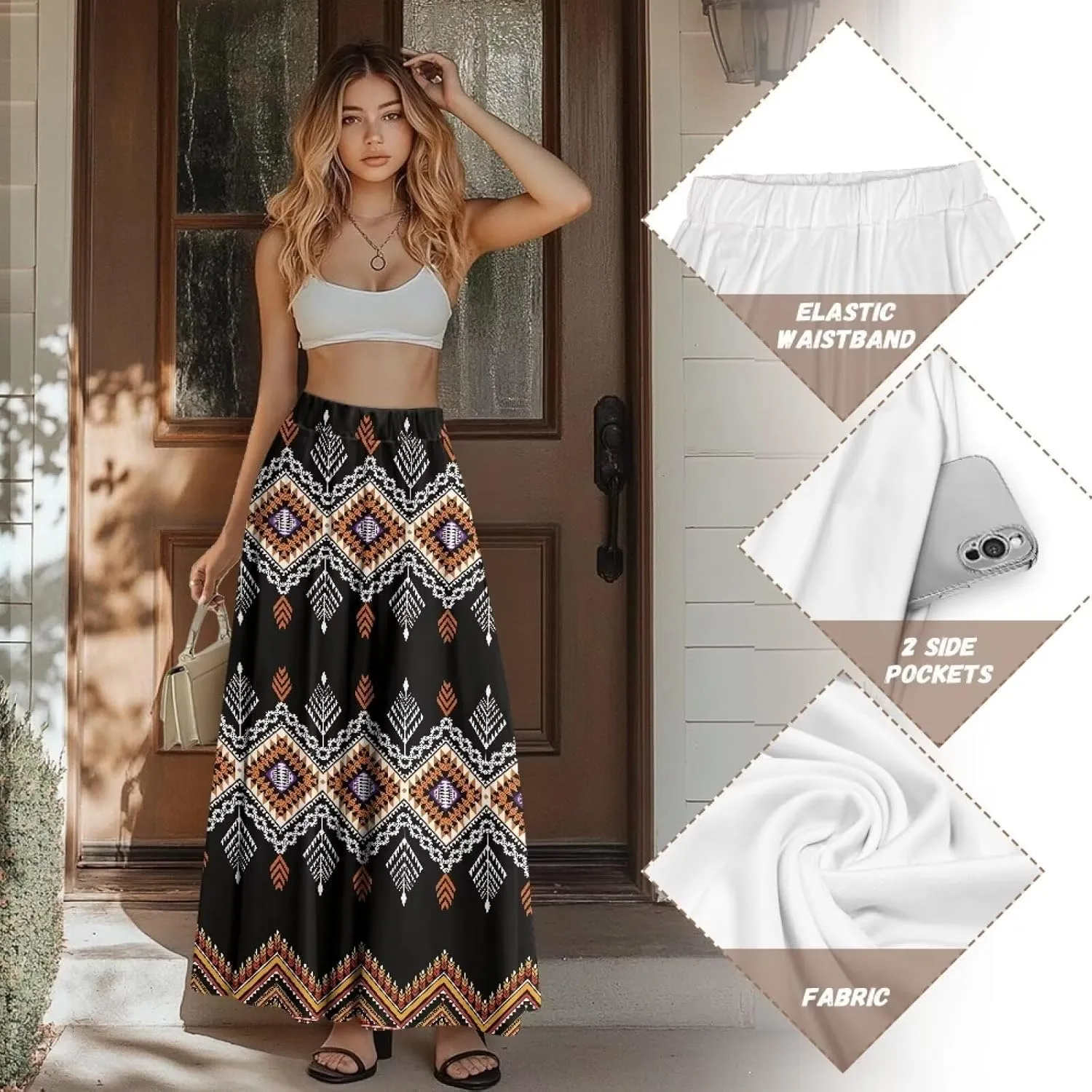 Women's Maxi Pull On Closure Skirt Plus Size Flowy A-Line Skirt with Pockets for Leisure Daily Life