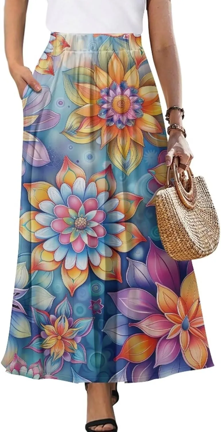 Women's Maxi Pull On Closure Skirt Plus Size Flowy A-Line Skirt with Pockets for Leisure Daily Life
