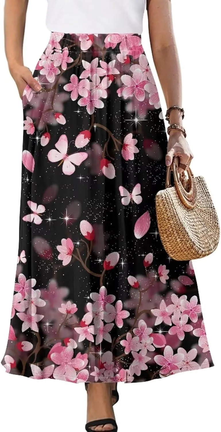 Women's Maxi Pull On Closure Skirt Plus Size Flowy A-Line Skirt with Pockets for Leisure Daily Life