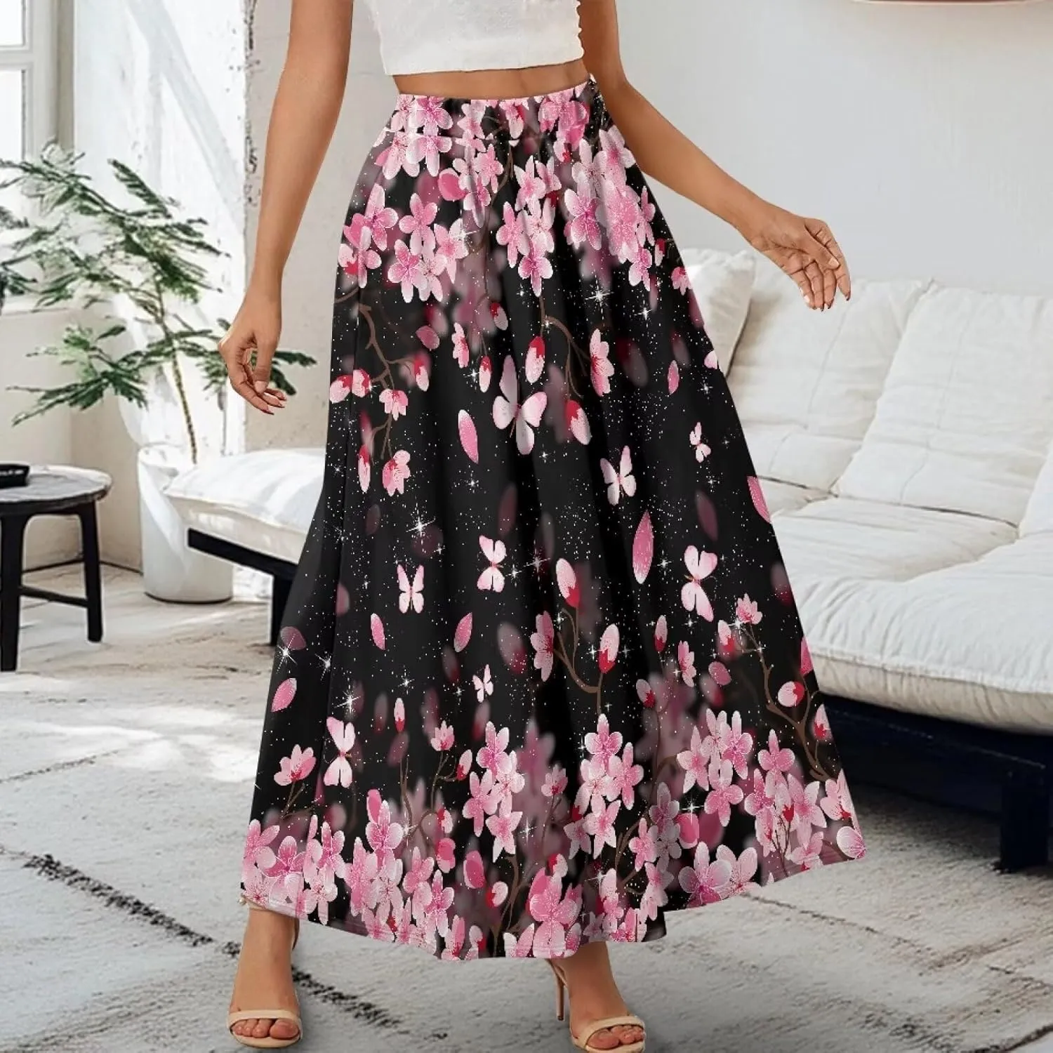 Women's Maxi Pull On Closure Skirt Plus Size Flowy A-Line Skirt with Pockets for Leisure Daily Life