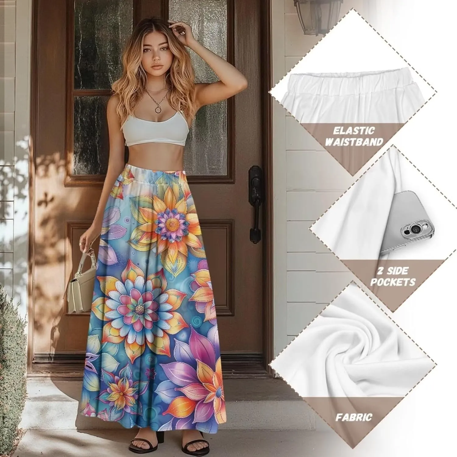 Women's Maxi Pull On Closure Skirt Plus Size Flowy A-Line Skirt with Pockets for Leisure Daily Life