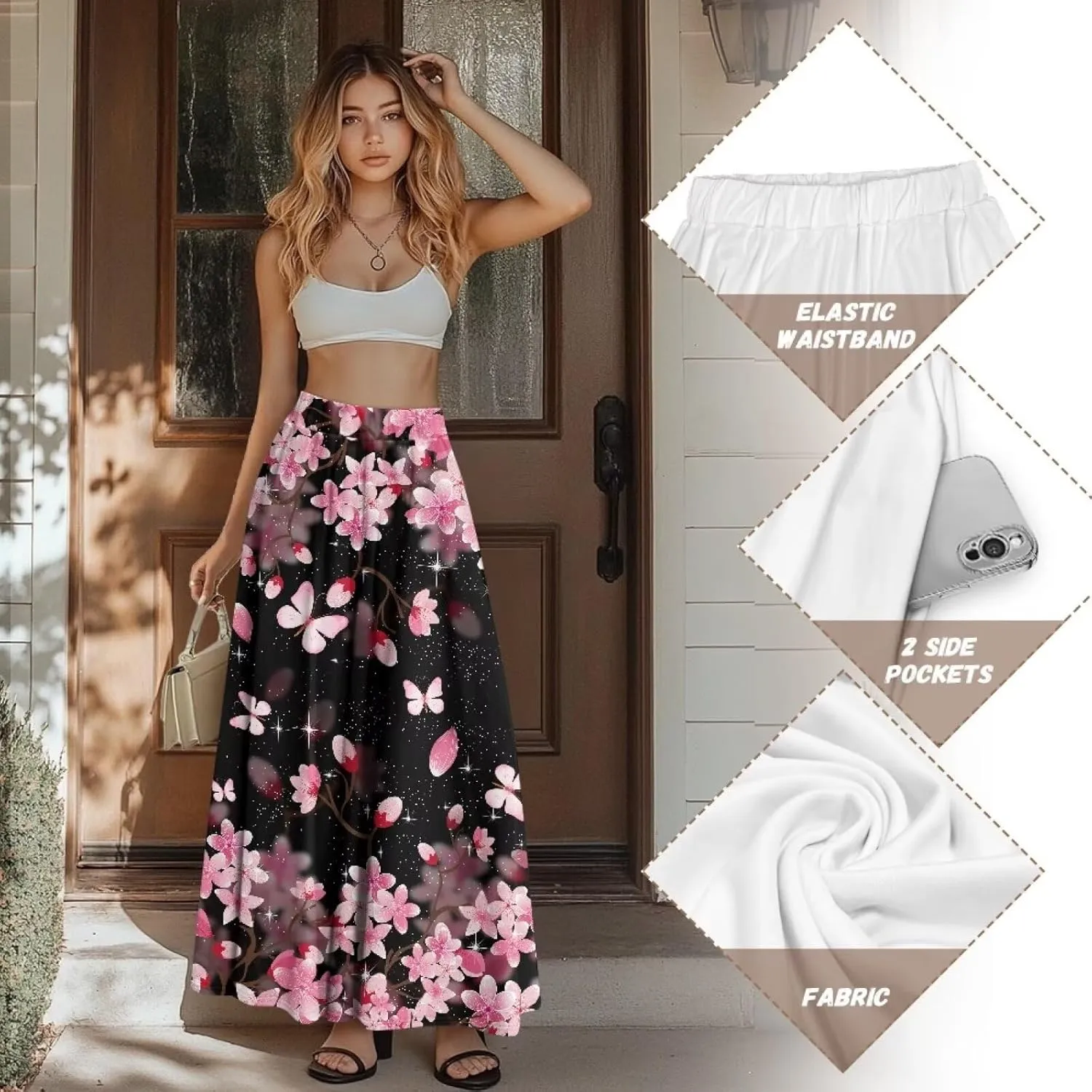 Women's Maxi Pull On Closure Skirt Plus Size Flowy A-Line Skirt with Pockets for Leisure Daily Life