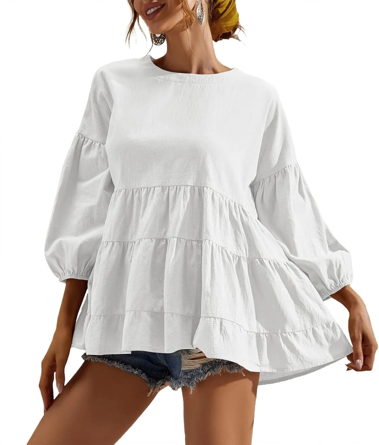 Women's Peplum Tops 3/4 Lantern Sleeve Crewneck Loose Babydoll Shirt Blouse