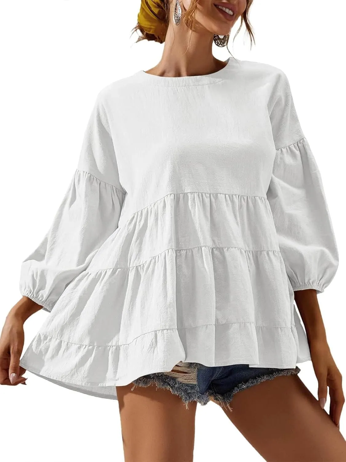 Women's Peplum Tops 3/4 Lantern Sleeve Crewneck Loose Babydoll Shirt Blouse