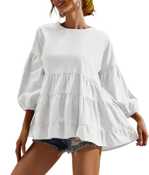 Women's Peplum Tops 3/4 Lantern Sleeve Crewneck Loose Babydoll Shirt Blouse