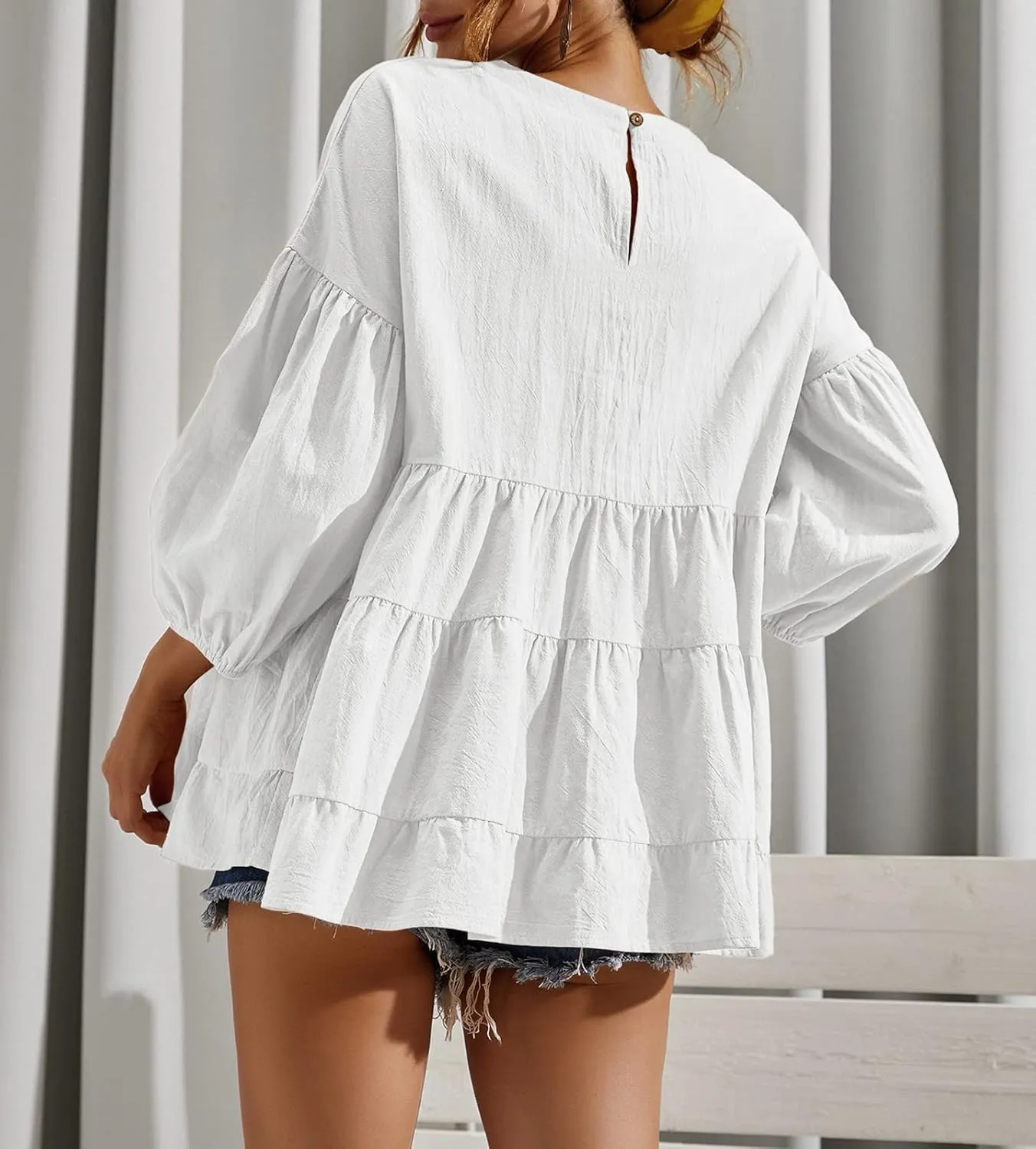 Women's Peplum Tops 3/4 Lantern Sleeve Crewneck Loose Babydoll Shirt Blouse
