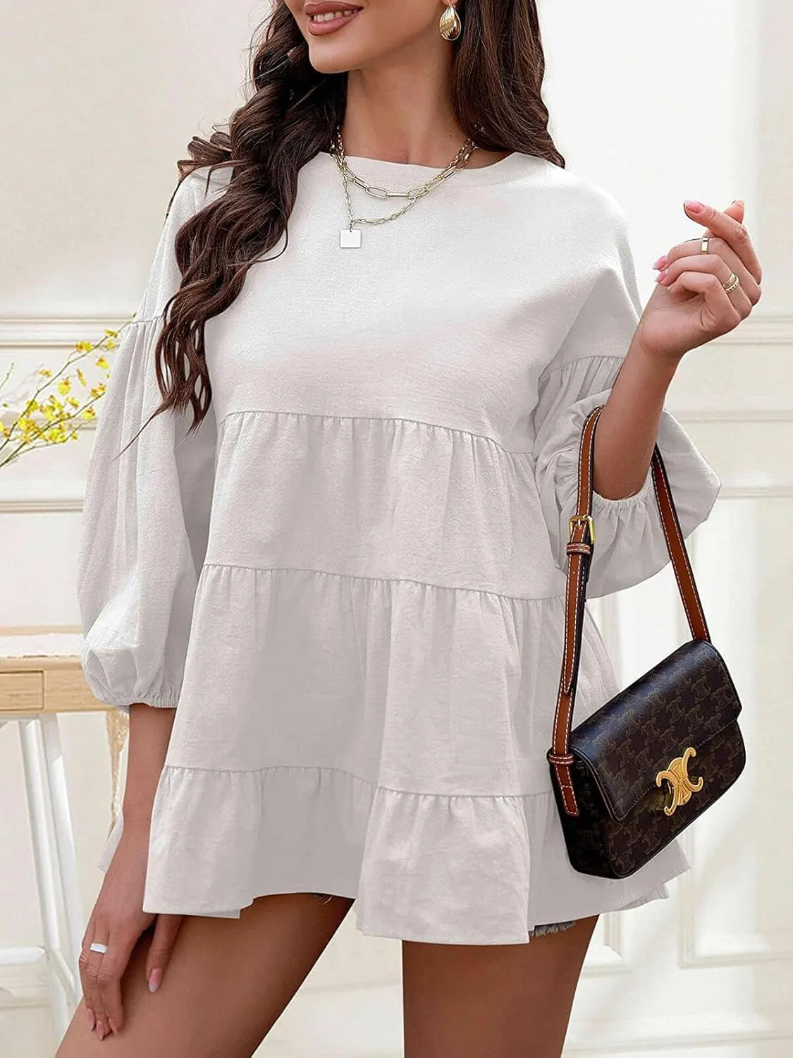 Women's Peplum Tops 3/4 Lantern Sleeve Crewneck Loose Babydoll Shirt Blouse