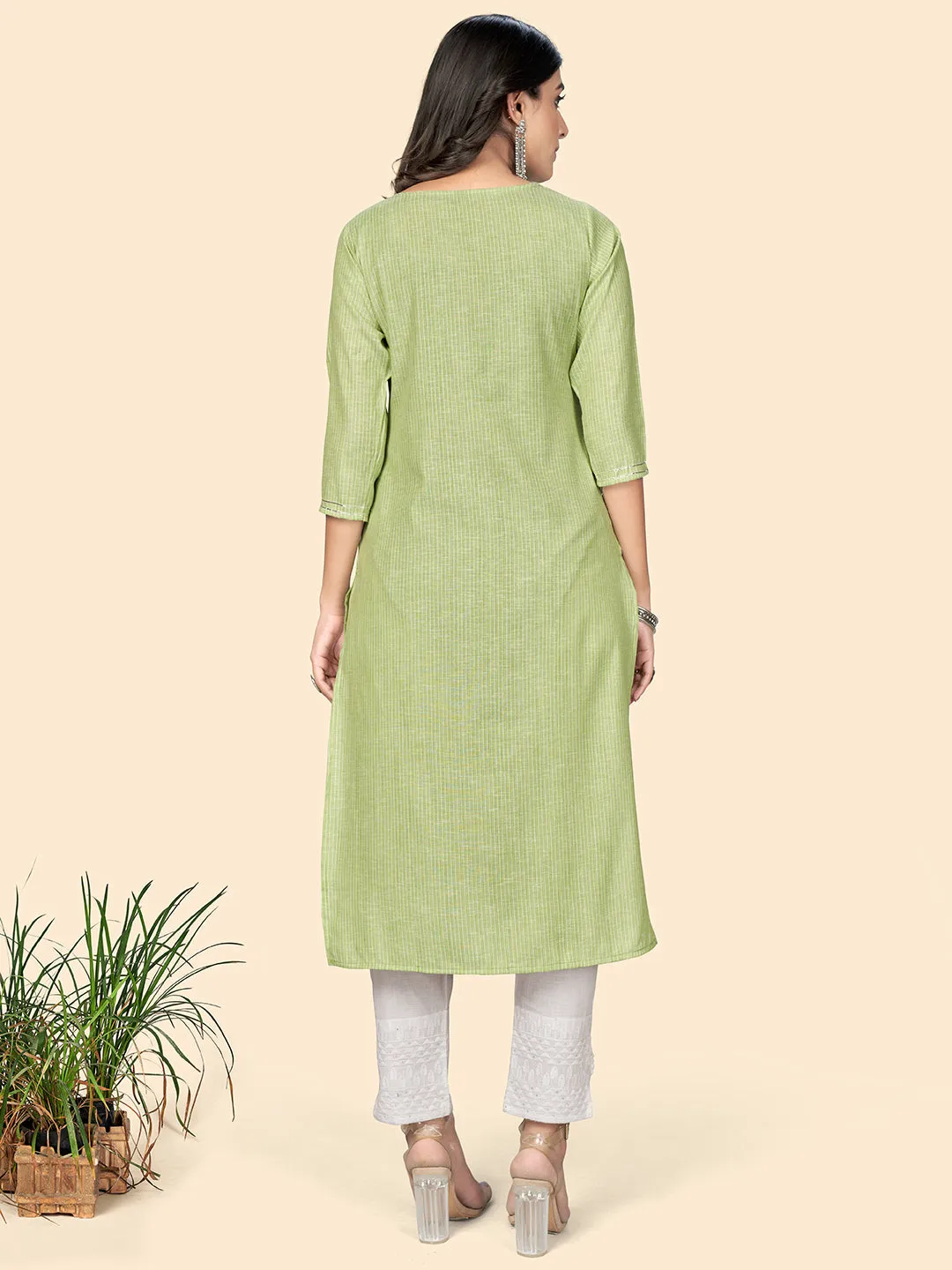 Women'S Printed & Embroidered Straight Cotton Pista Stitched Kurta