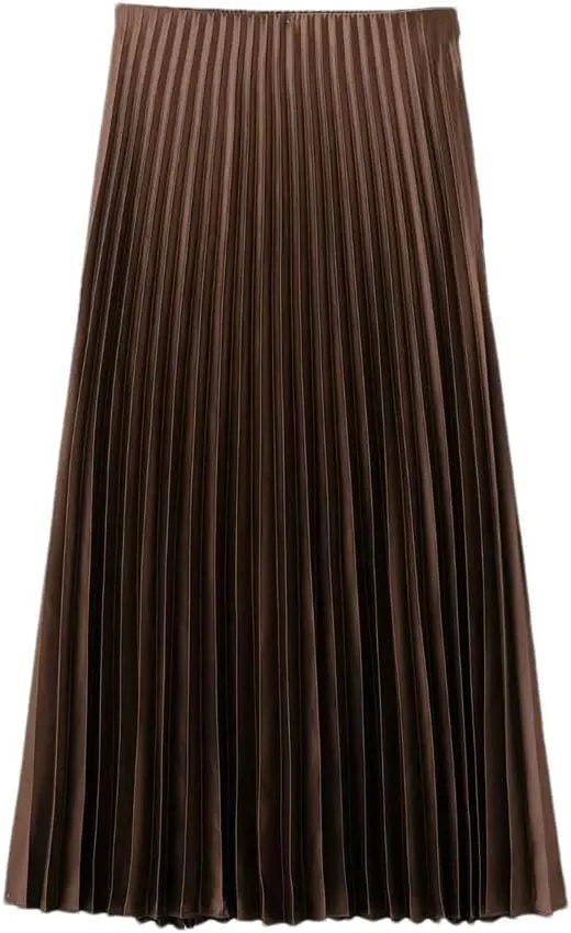 Women's Silk Satin Solid Pleated Midi Skirt Women Vintage High Waist Skirts