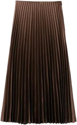 Women's Silk Satin Solid Pleated Midi Skirt Women Vintage High Waist Skirts
