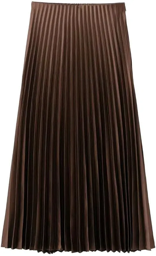 Women's Silk Satin Solid Pleated Midi Skirt Women Vintage High Waist Skirts