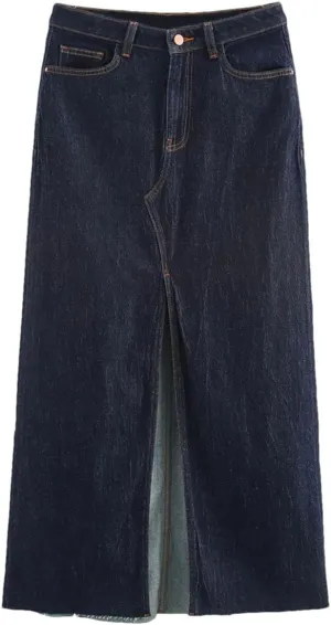 Women's Summer Mid-Length Denim Skirt High Waist Button Pockets Midi Skirt
