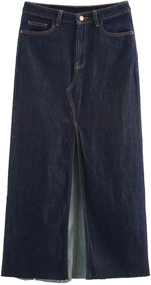 Women's Summer Mid-Length Denim Skirt High Waist Button Pockets Midi Skirt