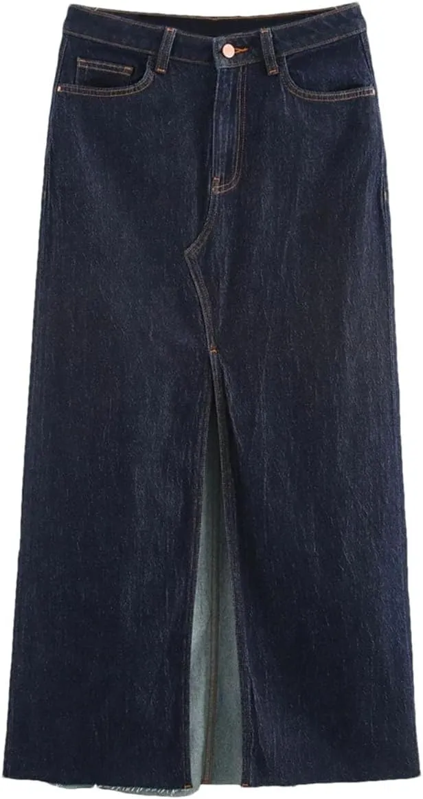 Women's Summer Mid-Length Denim Skirt High Waist Button Pockets Midi Skirt
