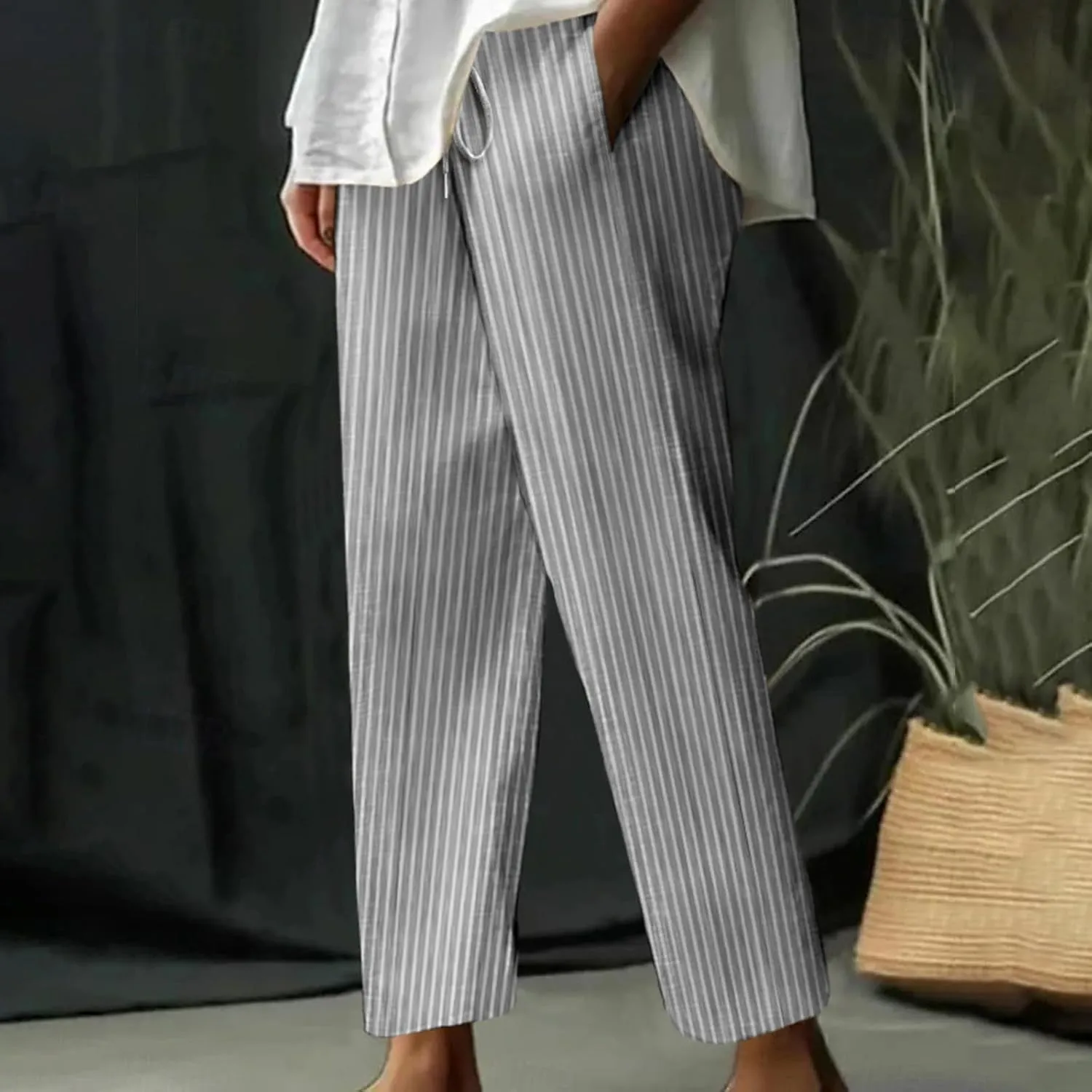 Women's Summer Striped Casual Pants High Waisted Cotton Linen Pants Drawstring Side Pockets Elastic Waist Trousers