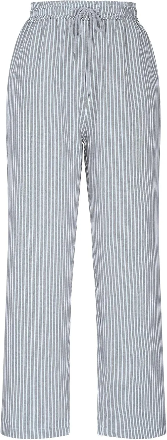 Women's Summer Striped Casual Pants High Waisted Cotton Linen Pants Drawstring Side Pockets Elastic Waist Trousers