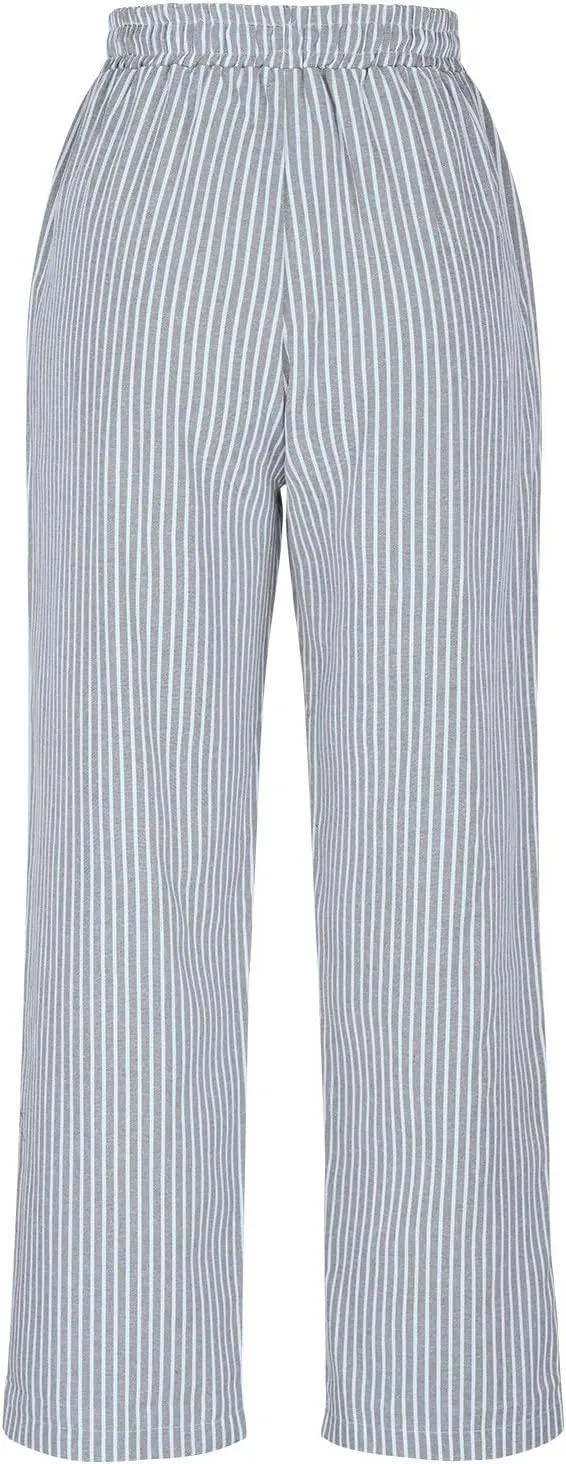 Women's Summer Striped Casual Pants High Waisted Cotton Linen Pants Drawstring Side Pockets Elastic Waist Trousers