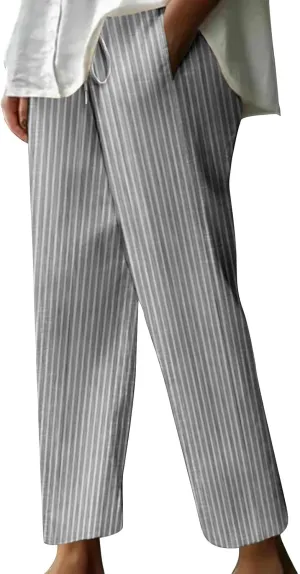 Women's Summer Striped Casual Pants High Waisted Cotton Linen Pants Drawstring Side Pockets Elastic Waist Trousers