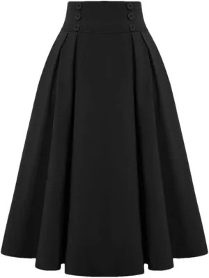 Women's Vintage Casual Long A-Line High Waist Skirt Double Breasted Large Swing Pleated Skirt