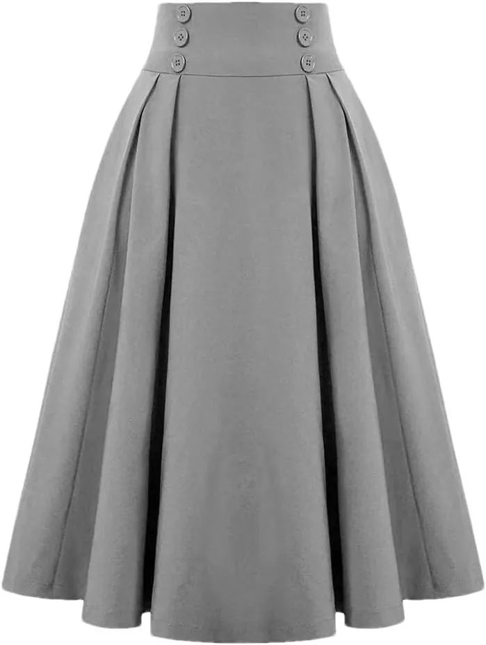 Women's Vintage Casual Long A-Line High Waist Skirt Double Breasted Large Swing Pleated Skirt