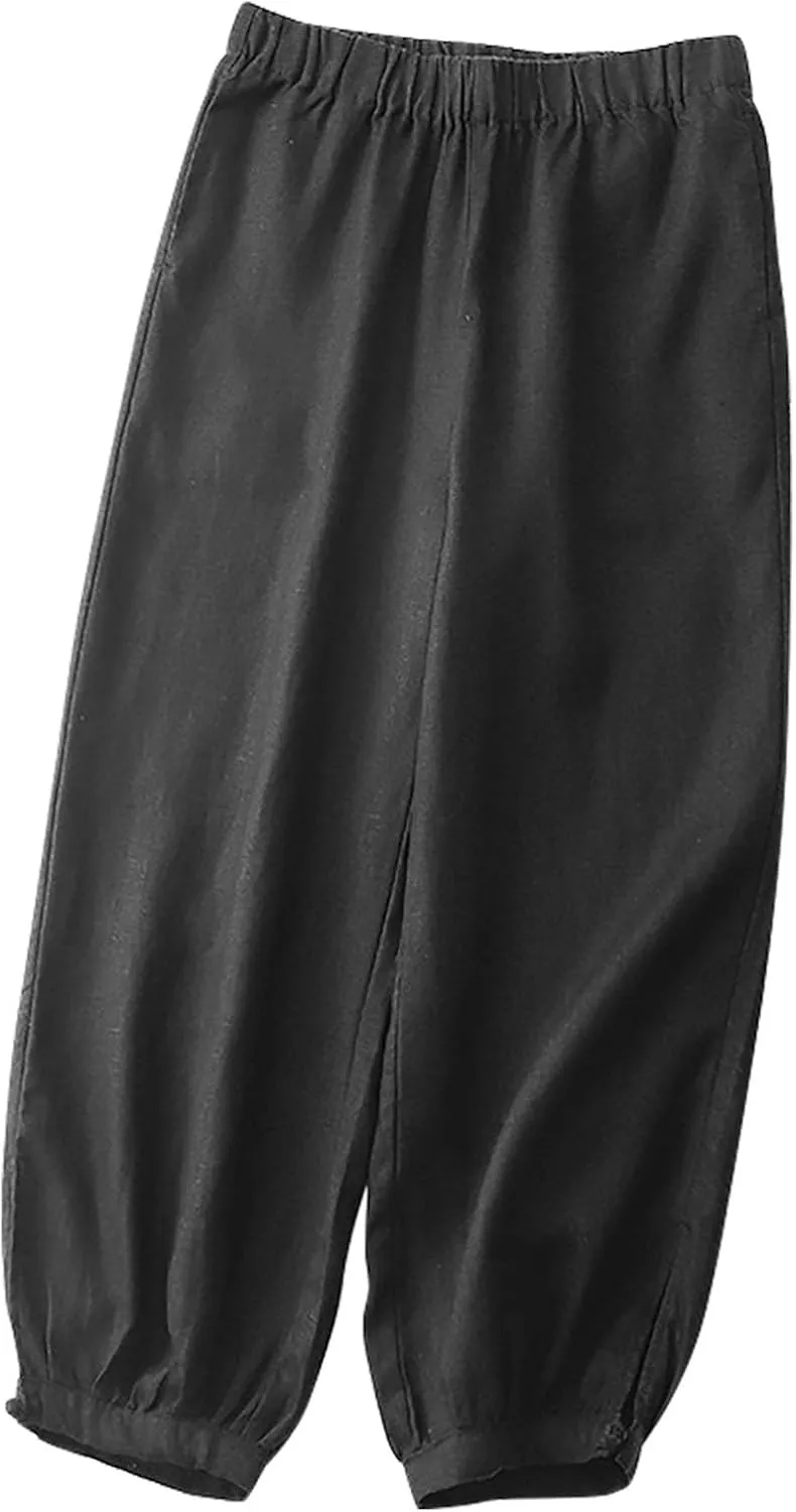 Women's Vintage Linen Pants, 2025 Summer Comfy Baggy Beach Trousers Palazzo Lounge Pants with Pockets